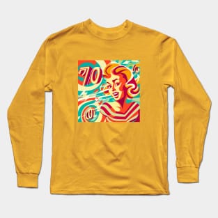 Abstract retro illustration of a girl in the style of the 70's on a multicolored background Long Sleeve T-Shirt